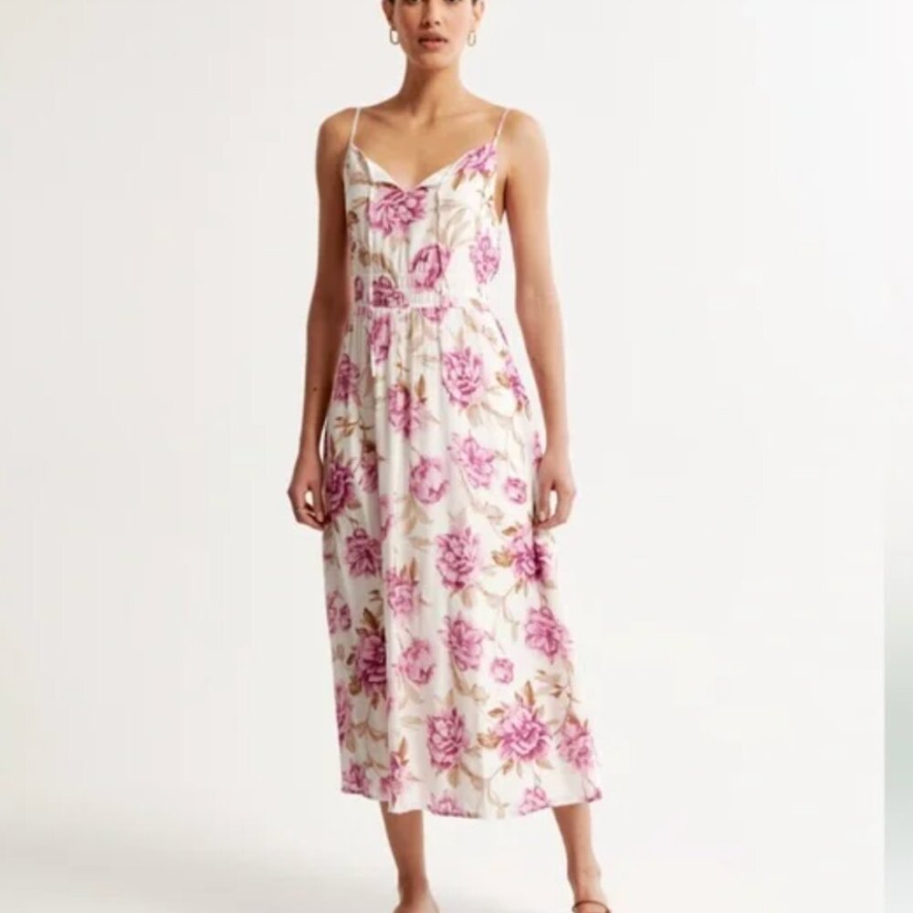 Abercrombie - Crinkle Textured Smocked Waist Midi Dress, pink/purple, size S